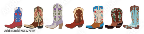set of different cowgirl boots isolated