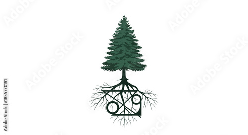 tree of life logo with roots minimalist evergreen pine illustration on white background symbolizing sustainability ecology and growth branding