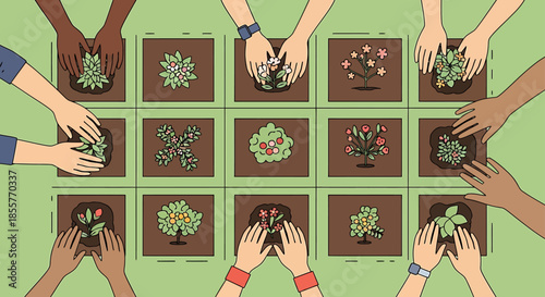 community gardening teamwork concept as diverse hands plant flowers in a shared grid garden bed symbolizing collaboration and sustainability