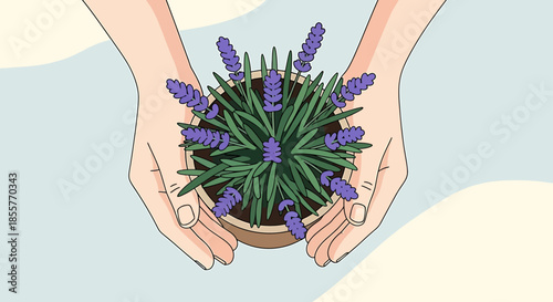 lavender plant in hands flat vector illustration showing nurturing care for potted herb wellness mindfulness and eco friendly lifestyle