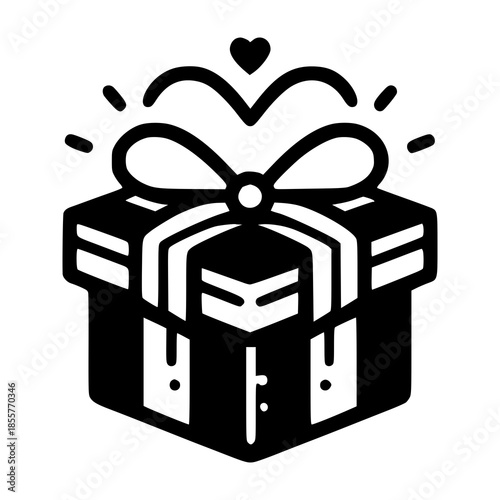 A black and white doodle-style icon of a gift box with a bow and heart above, on a plain white background, conveying a sense of celebration and love.