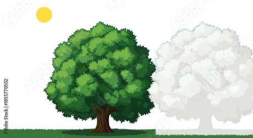 environmental concept tree illustration showing green foliage versus faded silhouette under sun symbolizing climate change and conservation