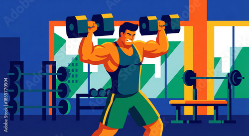 A muscular man is lifting heavy dumbbells at the gym with visible strain on his face