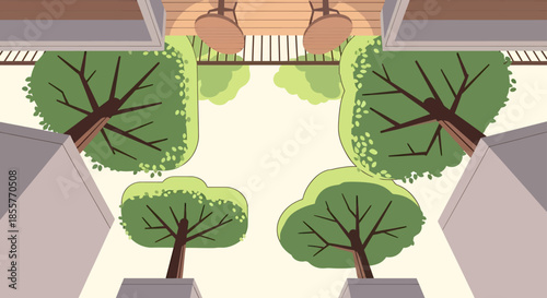 urban park courtyard illustration with top view of trees between modern buildings and outdoor cafe terrace ideal for eco city design