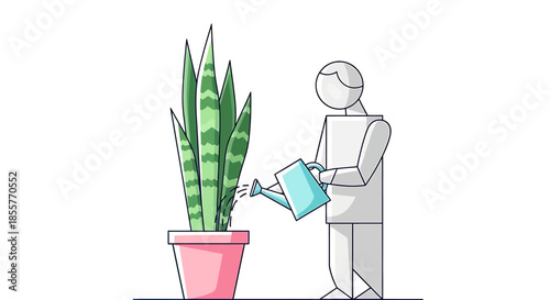 indoor plant care illustration with minimalist person watering potted houseplant home gardening routine concept for lifestyle blogs and guides