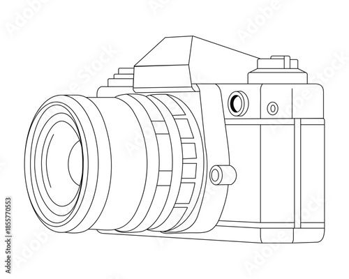 Black and white technical drawing of a digital camera and lens