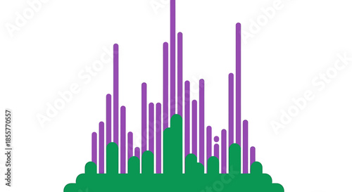 data visualization abstract bar chart with overlapping green histogram and vertical purple bars on white background for analytics reports