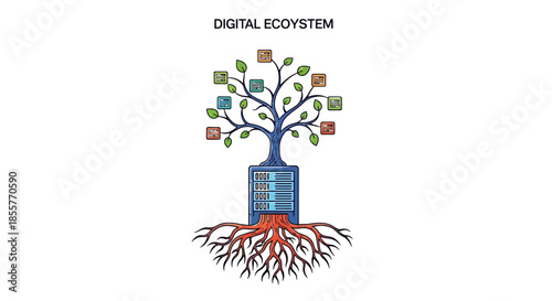 digital ecosystem illustration showing data server growing as a tree with roots and branches concept for network growth and cloud computing