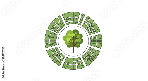 sustainable city planning concept with central tree icon showing green urban neighborhood layout for eco friendly development and infographics