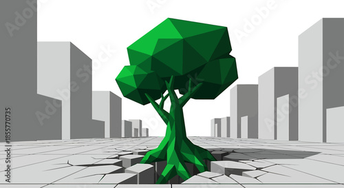 environmental sustainability concept tree breaking through cracked concrete city street symbolizing green urban growth resilience and climate hope