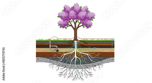 tree root system diagram showing underground water flow and soil layers in cross section for environmental education and landscaping design