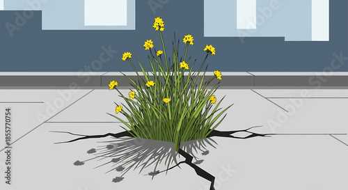 resilience concept with yellow flowers growing through cracked concrete sidewalk in urban city street symbolizing hope and renewal