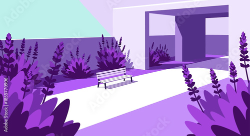 modern park illustration with bench and plants in abstract purple colors minimalist outdoor courtyard scene for wellness and relaxation designs