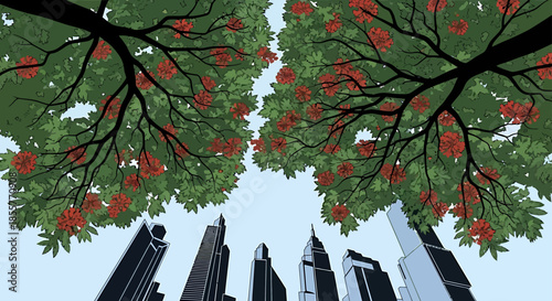 urban green city concept with skyscrapers framed by flowering tree canopy representing sustainable architecture and eco friendly planning