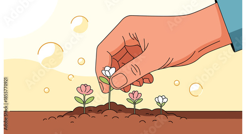 hand planting small flowers in soil nurturing young seedlings in garden conceptual illustration for growth investment and sustainability