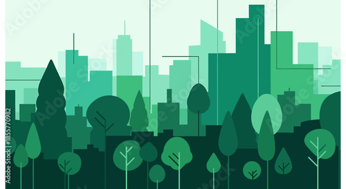 sustainable city skyline with urban forest illustration showing green buildings and trees in flat design for eco friendly planning projects