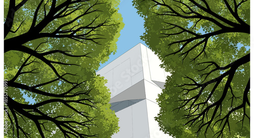 modern green building architecture framed by leafy tree canopy in summer city park eco friendly urban design concept for real estate ads