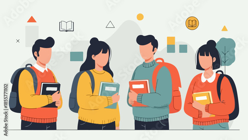 Group of students standing together holding books and tablets in a modern educational setting