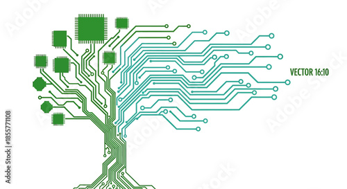 technology tree circuit board illustration showing green digital branches spreading like data connections for eco tech branding and innovation