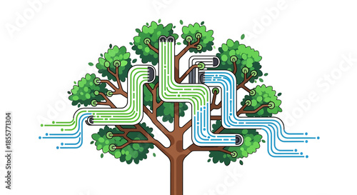 data science tree concept showing digital network circuits growing as branches in a green ecosystem symbolizing innovation and clean tech