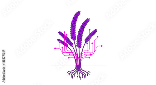smart agriculture technology concept with stylized wheat ears and digital data roots connecting above and below ground for agtech innovation