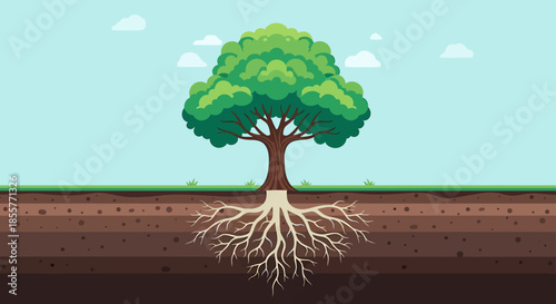 tree with roots cross section diagram showing underground soil layers and root system structure for education biology lessons and ecology