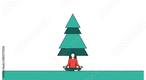 meditation in nature concept with person practicing mindfulness under stylized pine tree minimal flat illustration for wellness branding