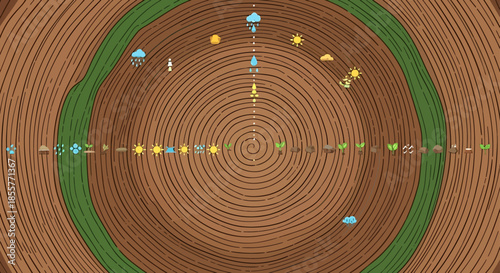 plant growth stages infographic on tree trunk rings showing seed to sprout lifecycle with weather icons for education ecology and climate change