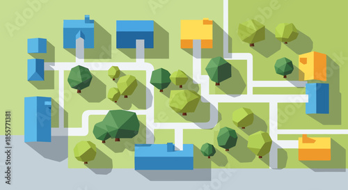 suburb neighborhood map illustration with colorful houses and trees in flat design top view ideal for urban planning layouts and real estate marketing visuals