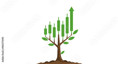 stock market growth concept tree with green candlestick chart bars forming branches on white background symbolizing sustainable investing and profit