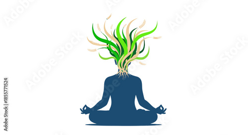 meditation and mental health wellness concept with seated person in lotus pose and green plants growing from head symbolizing mindful growth