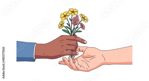 interracial friendship hands exchanging small bouquet of flowers in minimalist white background illustration symbolizing kindness gratitude and support