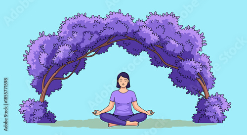 meditation yoga illustration of a woman sitting cross legged under purple trees in a calm outdoor park setting for mindfulness content