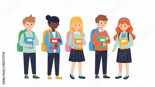 Group of diverse students standing together with backpacks and books in a school setting