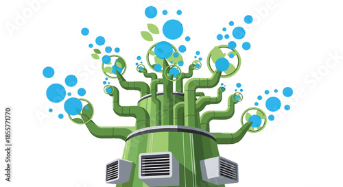 eco friendly technology concept with green industrial pipes releasing clean blue bubbles in abstract background for sustainability campaigns