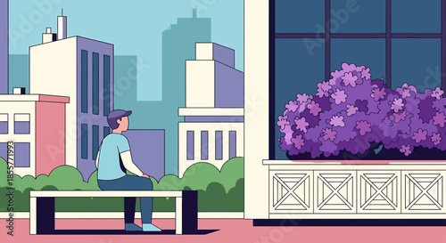 urban park illustration with man sitting on bench near flower bushes relaxing alone in city courtyard as concept for mindfulness and mental health