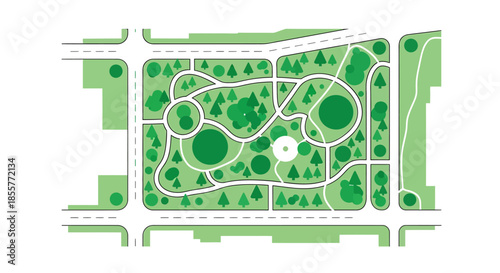 city park map illustration with walking paths and trees in an urban block layout top view diagram for planning navigation and brochure design
