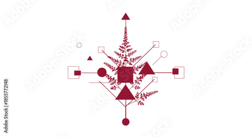 geometric abstract background with botanical fern shapes forming symmetrical network diagram for technology branding data art and modern design