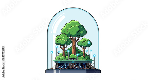 green technology concept forest growing inside digital glass dome terrarium symbolizing sustainable innovation and eco friendly future design