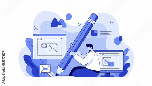 Creative Concept Art Person Drawing Large Pencil Designing User Interface on Computer Screen