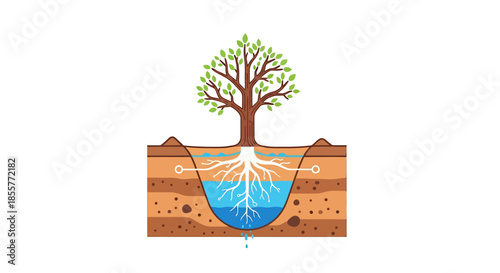 tree root system water absorption diagram showing groundwater around roots in cross section soil profile for environmental education and irrigation design