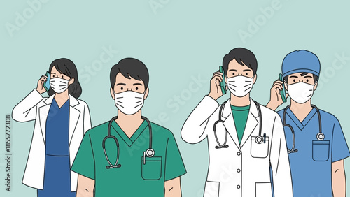 Medical Professionals Standing Together Wearing Masks and Scrubs in a Clinical Environment