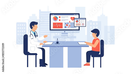 Doctor explaining medical charts to patient in a modern office setting