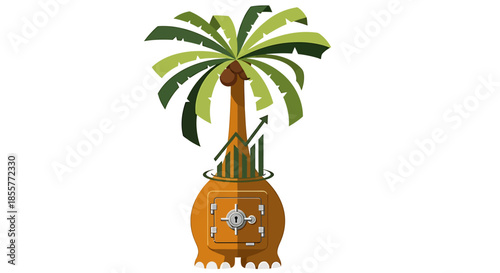 investment growth illustration with palm tree and safe depicting offshore savings financial security tropical tax haven and wealth planning