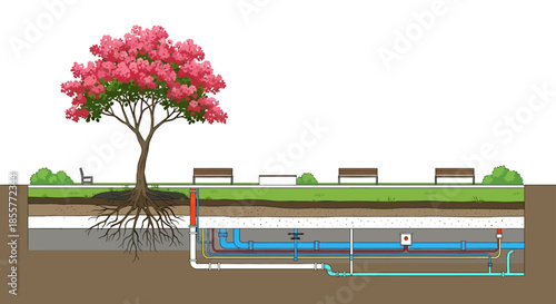 urban tree root system and underground utility pipes cross section in city park showing infrastructure layout for planning and education