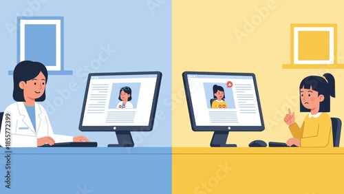 Professional video call between two women in a split-screen blue and yellow office environment