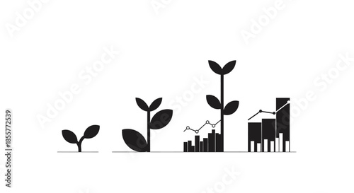business growth concept with plant icons evolving into bar chart and line graph symbolizing startup success investment progress and financial planning