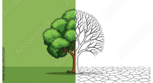 climate change concept tree showing half green foliage and half dry branches over cracked earth symbolizing drought deforestation and global warming