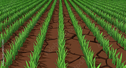 drought impacted farmland with green crop rows and cracked dry soil texture illustrating climate change water scarcity and agriculture risk