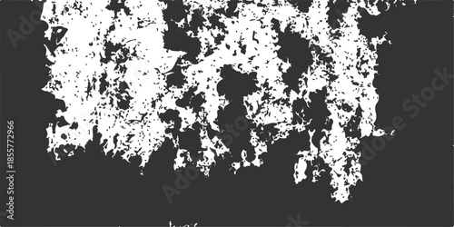 An abstract black and white grunge background featuring a vector ink splatter design with floral art patterns and a dirty paint texture on a paper illustration border